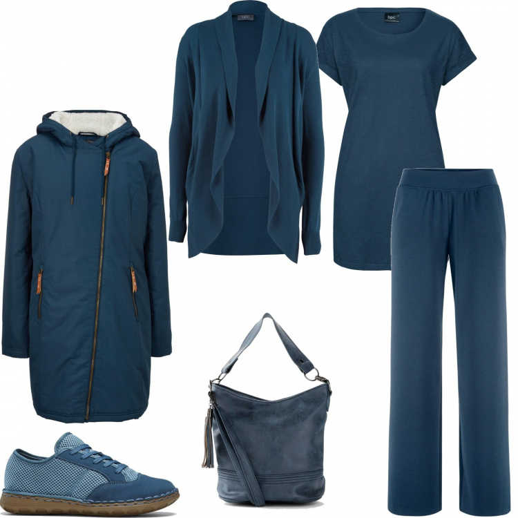 Outfit donna - Blu indaco. Stile Casual per Ufficio. Abbinamento con t-shirt, cardigans, pantaloni, cappotti, borse a tracolla, sneakers.