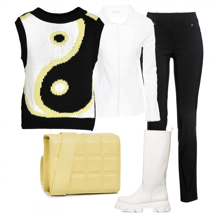 Outfit donna - Yogica. Stile Casual chic per Tutti i giorni. Abbinamento con pantaloni, pullovers, camicie, stivali, borse a mano.