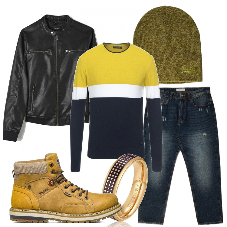 Outfit uomo - Un maglione colorato. Stile Trendy per Tutti i giorni. Abbinamento con jeans, anelli, stivali e stivaletti, pullovers, cappotti, berretti.