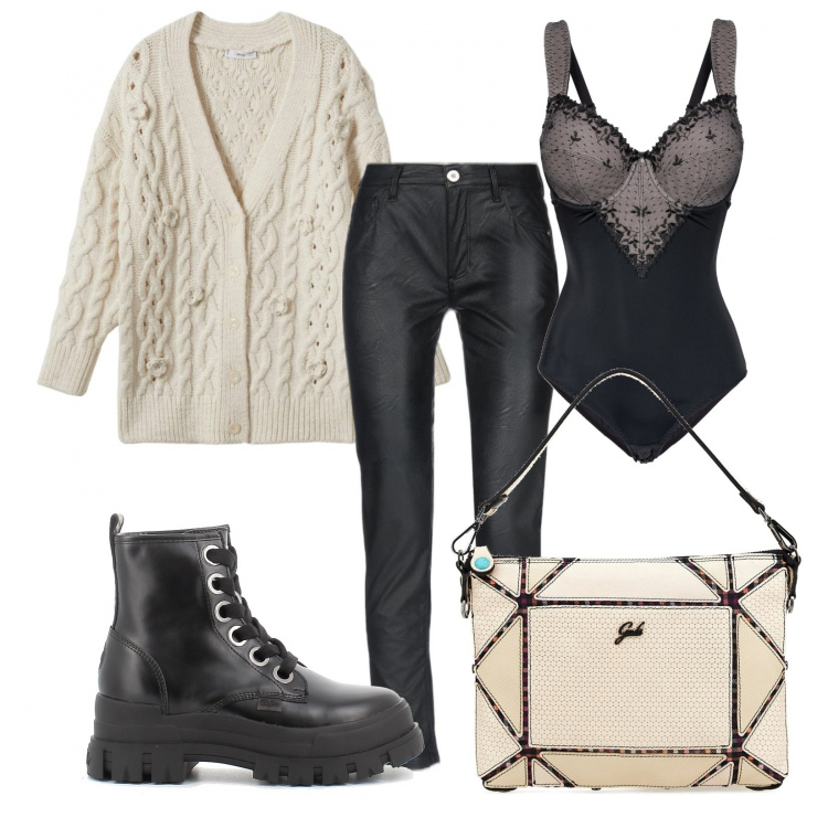 Outfit donna - Il body sotto il cardigan. Stile Urban per Tutti i giorni. Abbinamento con body, pantaloni, anfibi, cardigans, borse a tracolla.