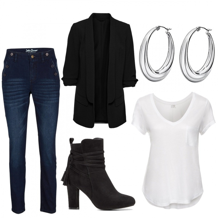 Outfit femme - Tout en simplicité !. Style Casual pour Tous les jours. Assortir avec blazers, t-shirts, jean skinny, bottines, boucles d'oreilles.
