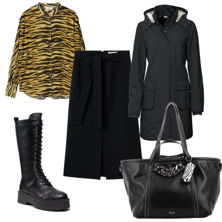 Outfit donna - Urban curvystyle. Stile Urban per Tutti i giorni. Abbinamento con parka, shopping bag, stivali, gonne longuette, bluse.