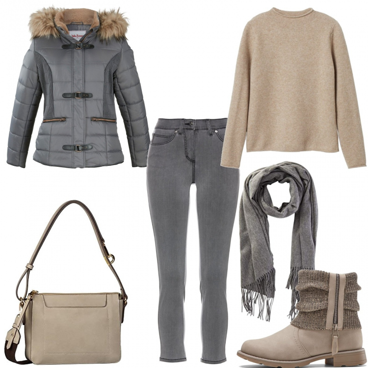 Outfit donna - Tempo libero. Stile Basic per Tutti i giorni. Abbinamento con stivaletti, giacche, jeans, pullovers, borse a tracolla, sciarpe.