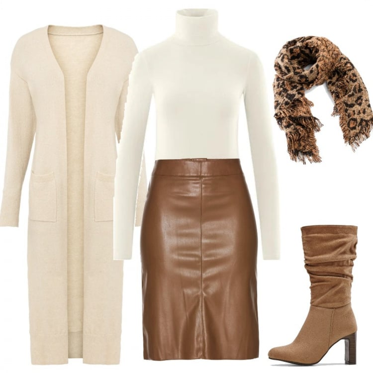 Outfit mujer - Trendy #485. Estilo Trendy para Todos los días. Combinación con prendas de punto, botas, cárdigans, faldas, bufandas.