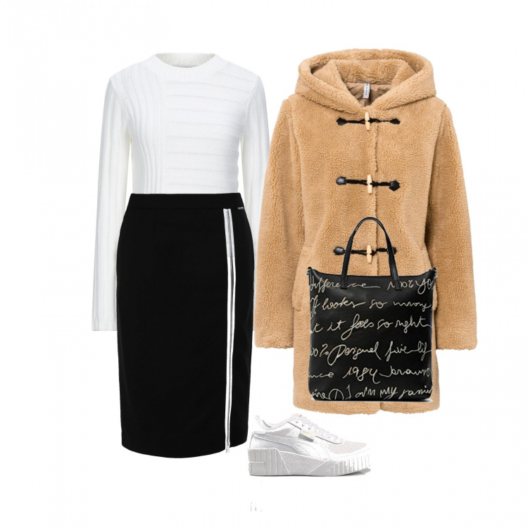 Outfit mujer - Monday Sport. Estilo Casual chic para Todos los días. Combinación con bolso shopper, trenca, falda longuette, jerséis, sneakers altas.