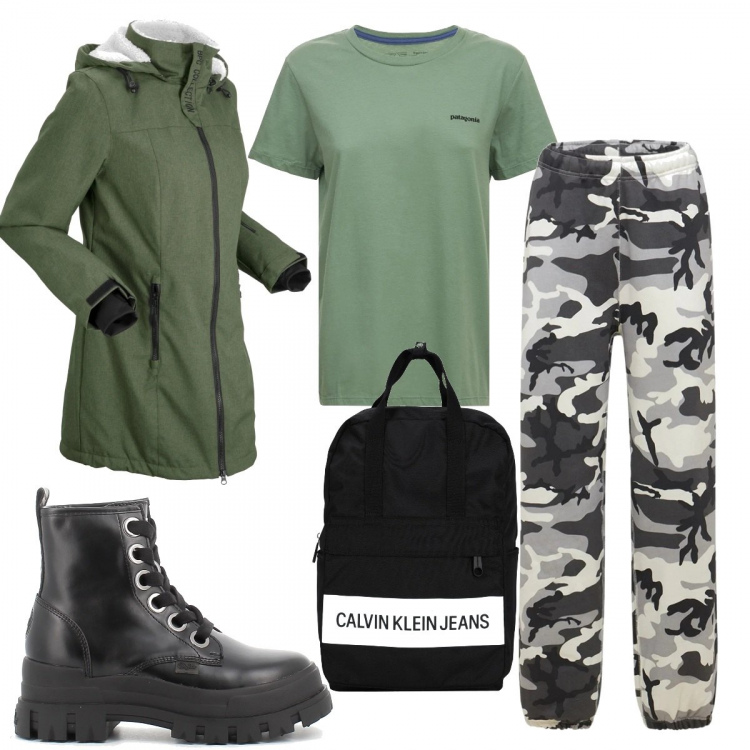 Outfit donna - Total look #1240587. Stile Military per Tutti i giorni. Abbinamento con blazer, zaini, anfibi, pantaloni, t-shirt.