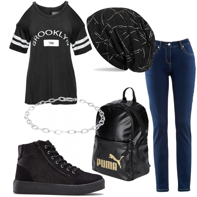 Outfit donna - Urban #377. Stile Urban per Tutti i giorni. Abbinamento con sneakers alte, jeans dritti, maglieria, zaini, braccialetti, berretti.