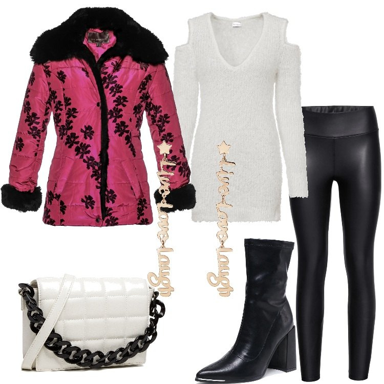 Outfit donna - Riparti con grinta. Stile Trendy per Tutti i giorni. Abbinamento con leggings, giacche, maglieria, orecchini, stivaletti, borse a mano.