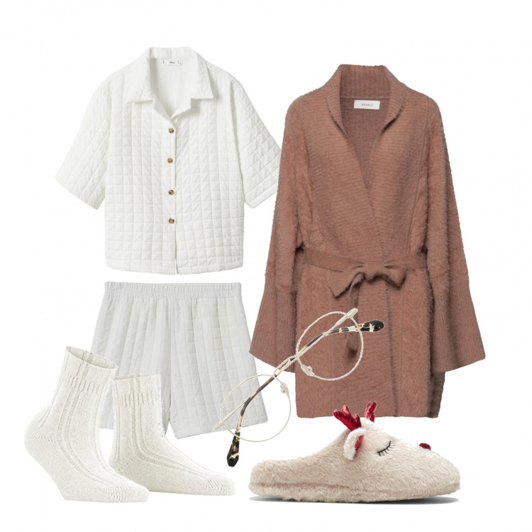 Outfit donna - Casa, divano, libro, relax. Stile Basic per Tutti i giorni. Abbinamento con pantofole, cardigans, occhiali da sole, shorts, bluse, calzini.