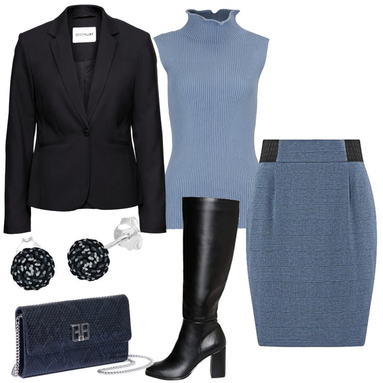 Outfit donna - Neroblu. Stile Casual chic per Ufficio. Abbinamento con blazer, maglieria, pochette, gonne, stivali, orecchini.