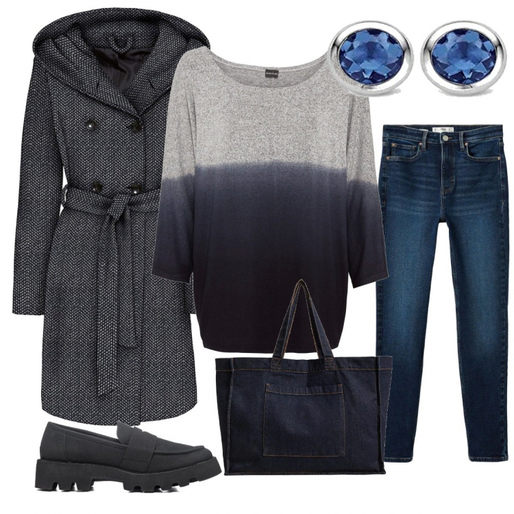 Outfit donna - Pullover Bicolor Shopping Bag Denim. Stile Casual chic per Ufficio. Abbinamento con maglieria, cappotti, mocassini, pantaloni skinny, shopping bag, orecchini.