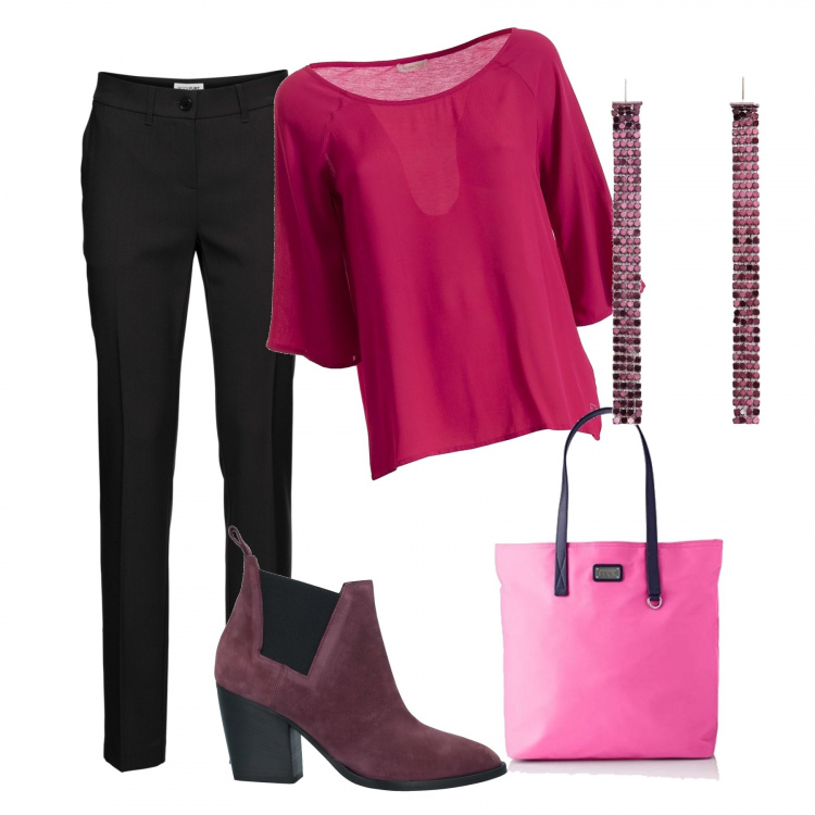 Outfit donna - Total look #1240989. Stile Casual per Tutti i giorni. Abbinamento con pantaloni, stivaletti, maglieria, shopping bag, orecchini.