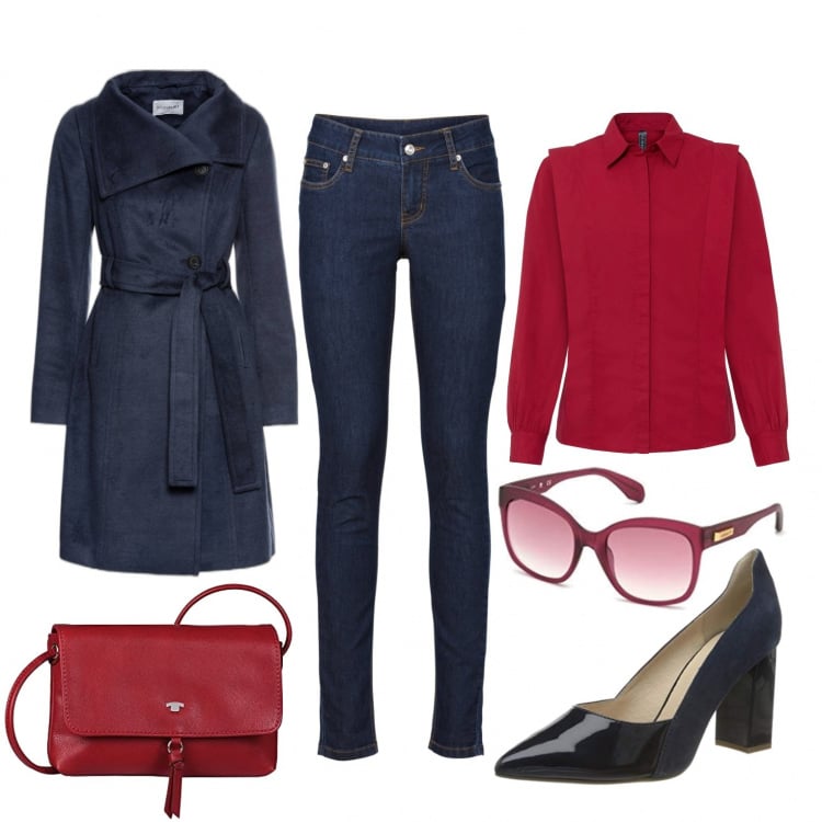 Outfit donna - A lavoro o in città. Stile Urban per Ufficio. Abbinamento con jeans skinny, cappotti, camicie, scarpe col tacco, occhiali da sole, borse a tracolla.