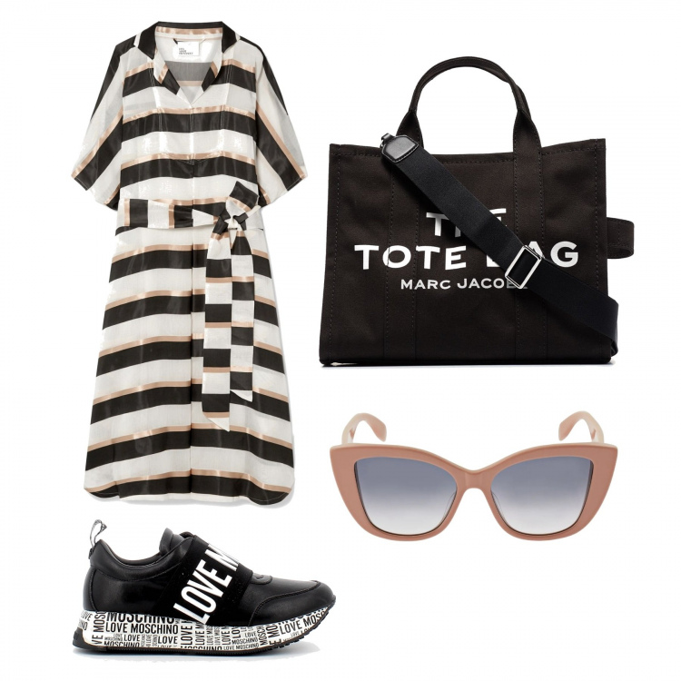 Outfit donna - A zonzo per la città. Stile Casual chic per Tutti i giorni. Abbinamento con vestiti midi/longuette, borse tote, sneakers, occhiali da sole.