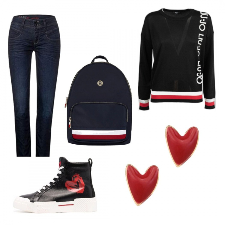 Outfit donna - Lasorry. Stile Casual chic Abbinamento con orecchini, zaini, maglieria, sneakers alte, jeans.