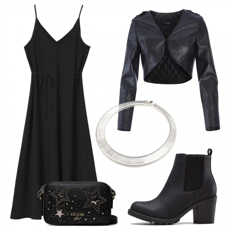 Outfit donna - Rock #105. Stile Rock per Serata fuori. Abbinamento con stivaletti, bolero, collane, borse a mano, vestiti midi/longuette.