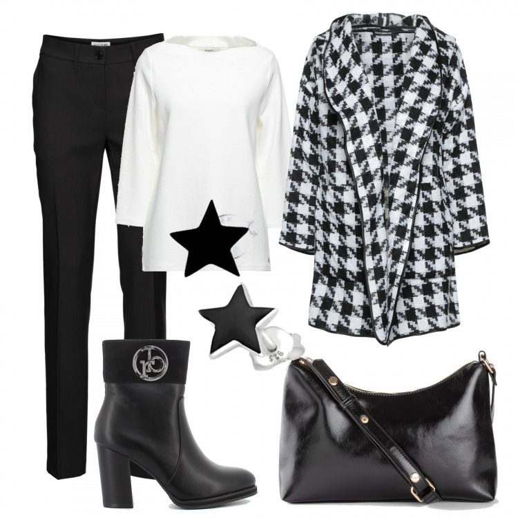 Outfit donna - In ufficio. Stile Urban per Ufficio. Abbinamento con pantaloni, borse a mano, cappotti, pullovers, stivaletti, orecchini.