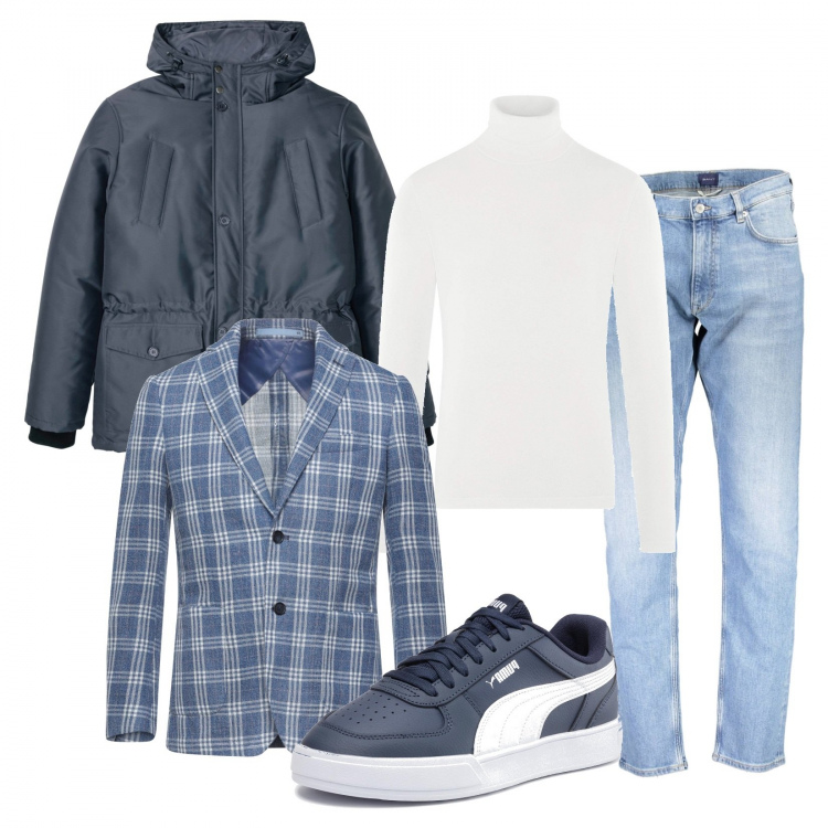Outfit uomo - Blazer e sneakers. Stile Urban per Tutti i giorni. Abbinamento con sneakers, giacche, maglieria, jeans, parka.