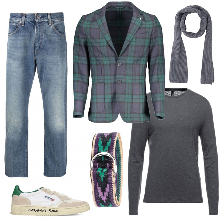 Outfit uomo - Blazer e sneakers. Stile Trendy per Tutti i giorni. Abbinamento con jeans dritti, cinture, t-shirt, giacche, sneakers, sciarpe.