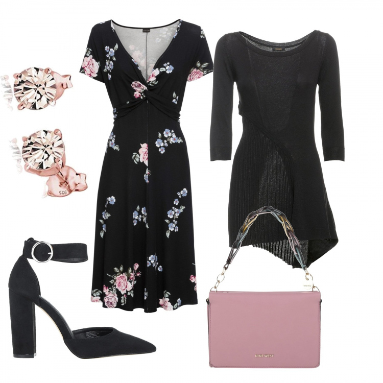 Outfit donna - Abito e cardigan. Stile Romantica per Tutti i giorni. Abbinamento con vestiti lunghi, décolleté, borse a mano, maglieria, orecchini.