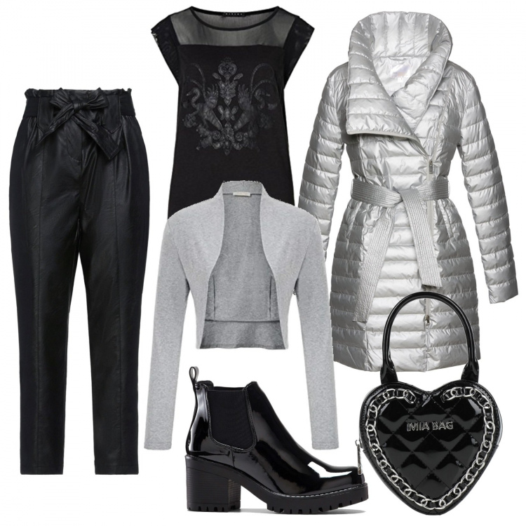 Outfit donna - Stile e convenienza. Stile Trendy per Serata fuori. Abbinamento con stivaletti, cappotti, pantaloni, borse a mano, t-shirt, bolero.