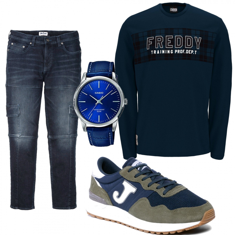 Outfit uomo - #2022Casual_3. Stile Casual per Tutti i giorni. Abbinamento con jeans slim fit, t-shirt, sneakers, orologi analogici.