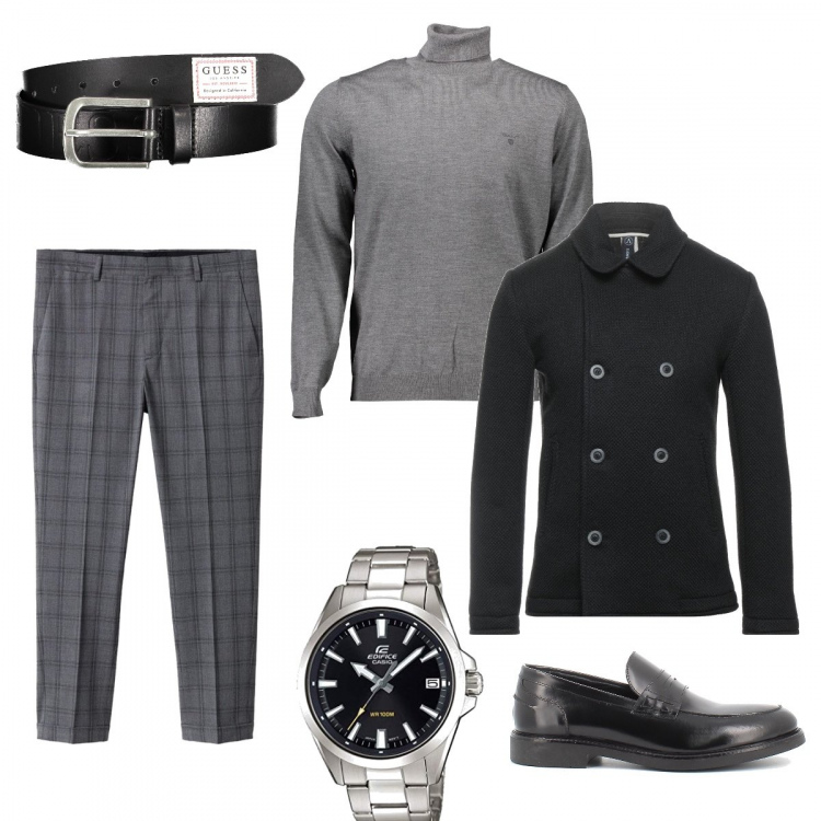 Outfit uomo - A pranzo con i colleghi. Stile Trendy per Tutti i giorni. Abbinamento con scarpe stringate, cappotti, pantaloni capri, orologi, cinture, maglieria.