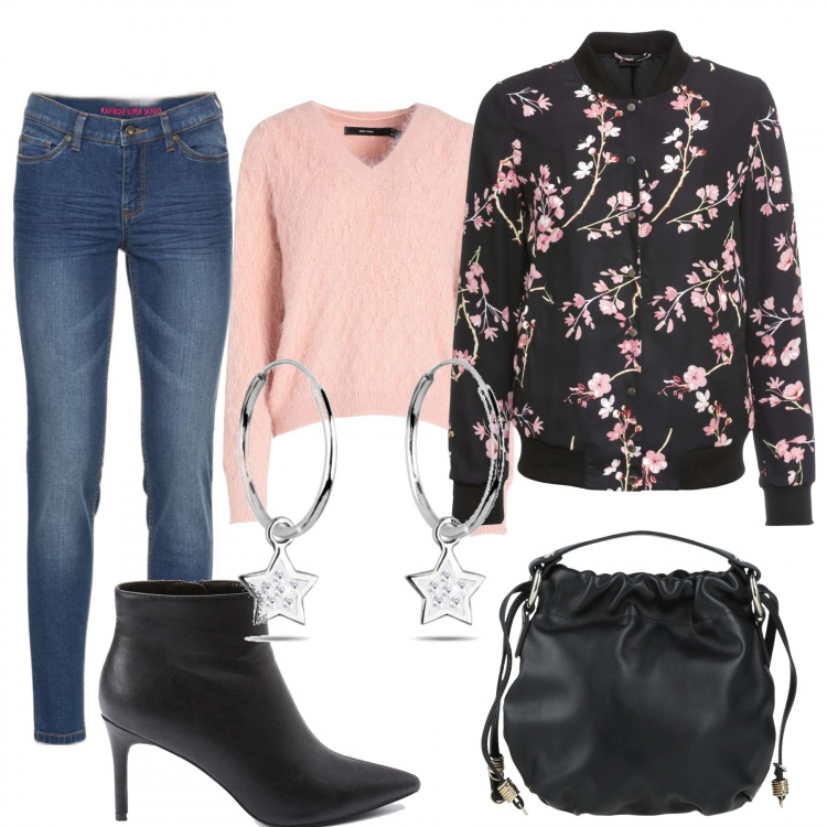 Outfit donna - La giacca a fiori. Stile Casual per Tutti i giorni. Abbinamento con bomber, jeans skinny, borse a mano, pullovers, stivaletti, orecchini.