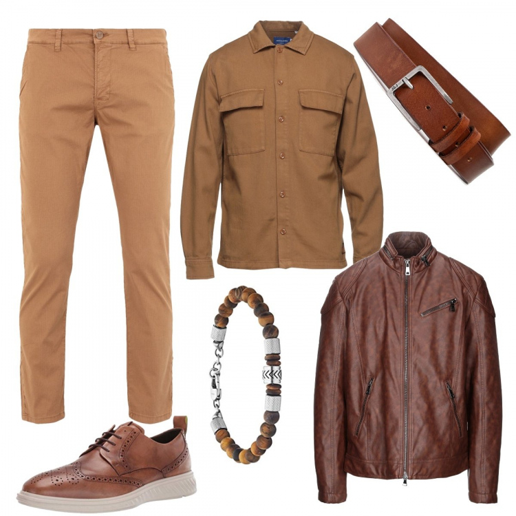 Outfit uomo - Color cuoio. Stile Casual per Tutti i giorni. Abbinamento con cinture, giacche, pantaloni, camicie, braccialetti, scarpe stringate.