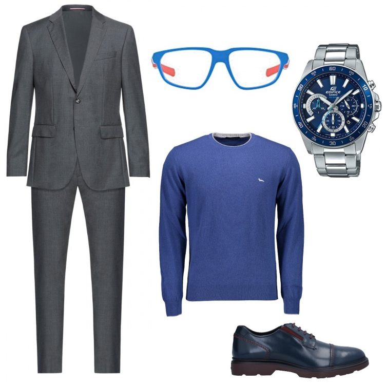 Outfit uomo - Formale ma originale. Stile Business/Elegante per Ufficio. Abbinamento con scarpe stringate, abiti, orologi, occhiali da sole, maglieria.