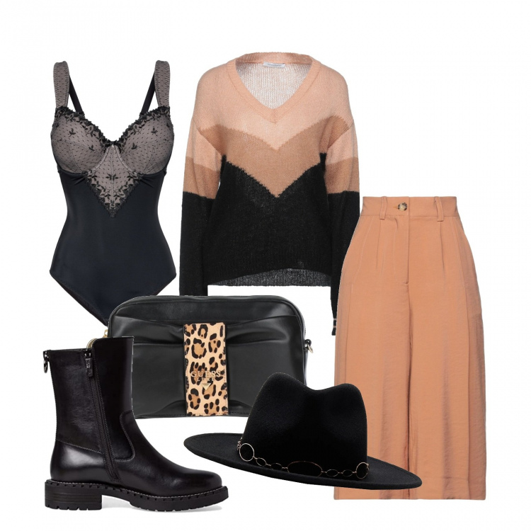 Outfit donna - Pantaloni palazzo e cappello. Stile Glamour per Tutti i giorni. Abbinamento con body, pullovers, pantaloni capri, borse a tracolla, cappelli, stivaletti chelsea.