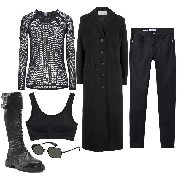 Outfit donna - Matrix Inspo (Veg). Stile Urban per Tutti i giorni. Abbinamento con cappotti, pullovers, stivaletti, occhiali da sole, pantaloni skinny, reggiseni.