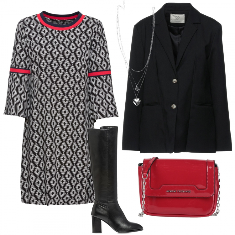 Outfit donna - Optical b/n e un tocco di rosso. Stile Trendy per Ufficio. Abbinamento con vestiti, borse a tracolla, blazer, ciondoli, stivali.