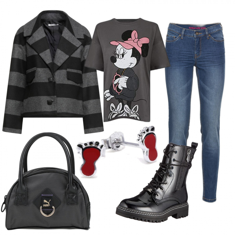 Outfit donna - Tempo libero. Stile Casual per Tutti i giorni. Abbinamento con jeans skinny, blazer, borse a mano, t-shirt, stivali, orecchini.