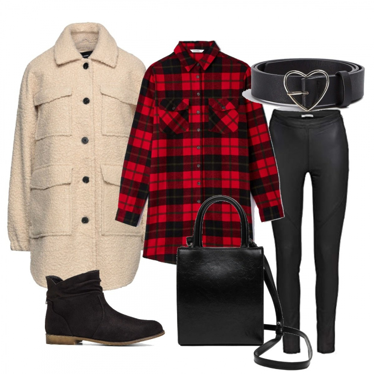 Outfit donna - Cuore E Quadri. Stile Casual chic per Ufficio. Abbinamento con stivaletti, cappotti, vestiti, cinture, pantaloni, shopping bag.