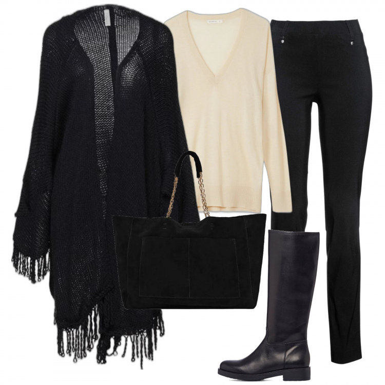 Outfit donna - Curvy in nero. Stile Casual chic per Tutti i giorni. Abbinamento con pantaloni, cappe, maglieria, stivali, shopping bag.