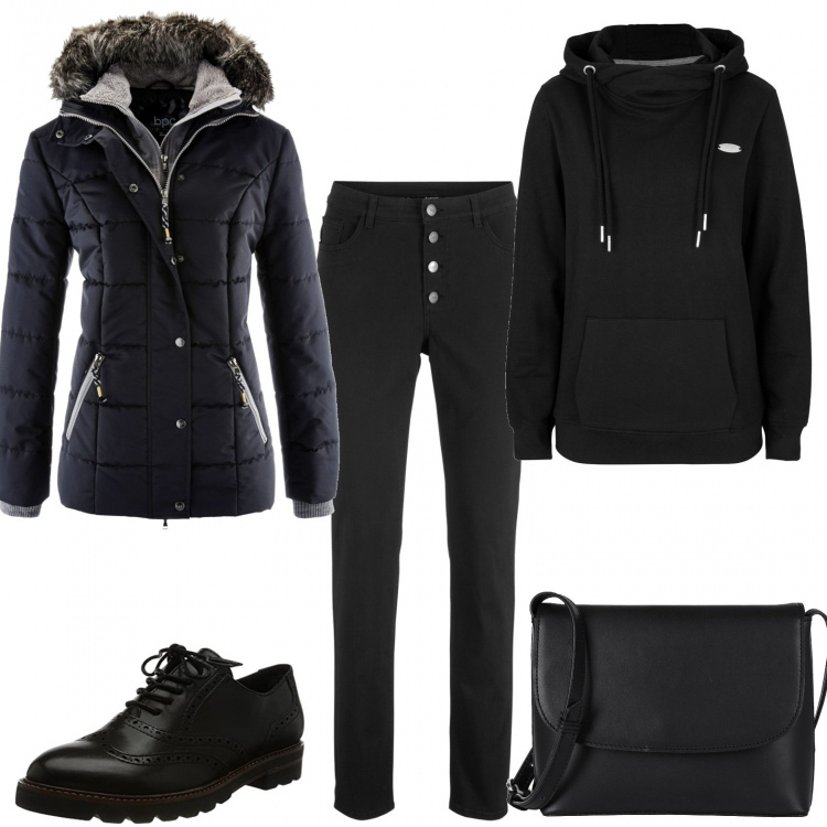 Outfit donna - Le cose semplici. Stile Basic per Tutti i giorni. Abbinamento con piumini, pantaloni, felpe con cappuccio, borse a tracolla, scarpe stringate.
