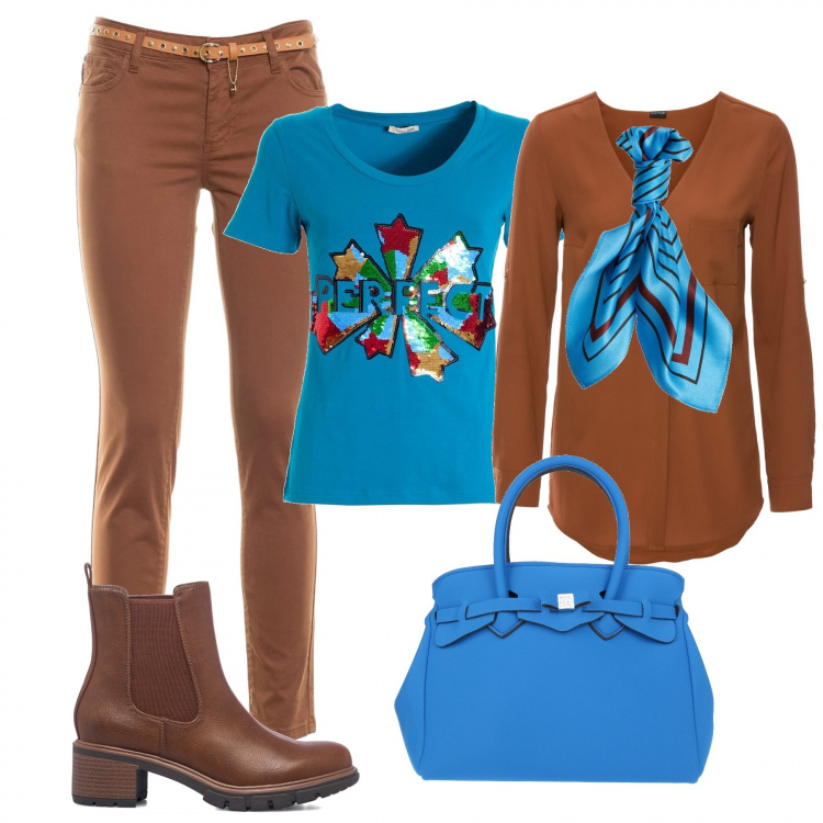 Outfit donna - Easy way. Stile Casual per Tutti i giorni. Abbinamento con camicie, borse a mano, pantaloni, t-shirt, stivaletti, foulard.