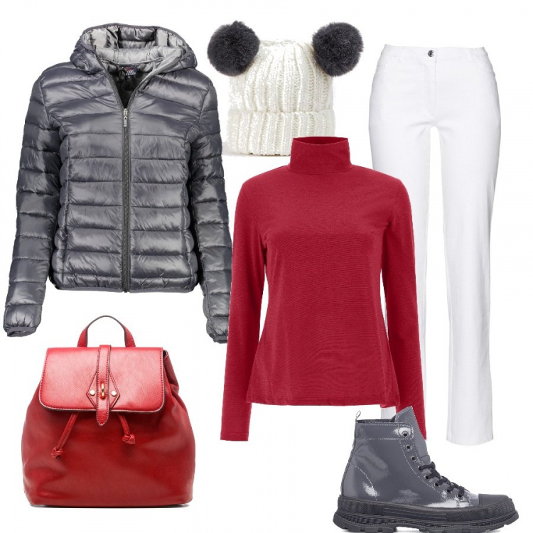Outfit donna - Un po\' di trekking. Stile Sporty chic per Sport. Abbinamento con pantaloni, cappelli con visiera, maglieria, anfibi, zaini, giacche.