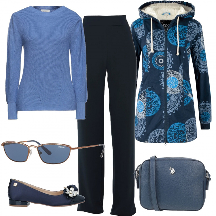 Outfit donna - Total look #1243541. Stile Glamour per Tutti i giorni. Abbinamento con parka, pantaloni, décolleté, pullovers, borse a tracolla, occhiali da sole.
