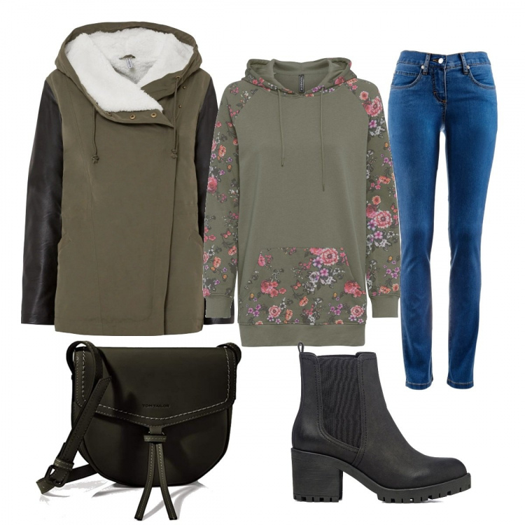 Outfit donna - Total look Rainbow. Stile Casual chic per Tutti i giorni. Abbinamento con jeans dritti, felpe con cappuccio, parka, stivaletti, borse a spalla.