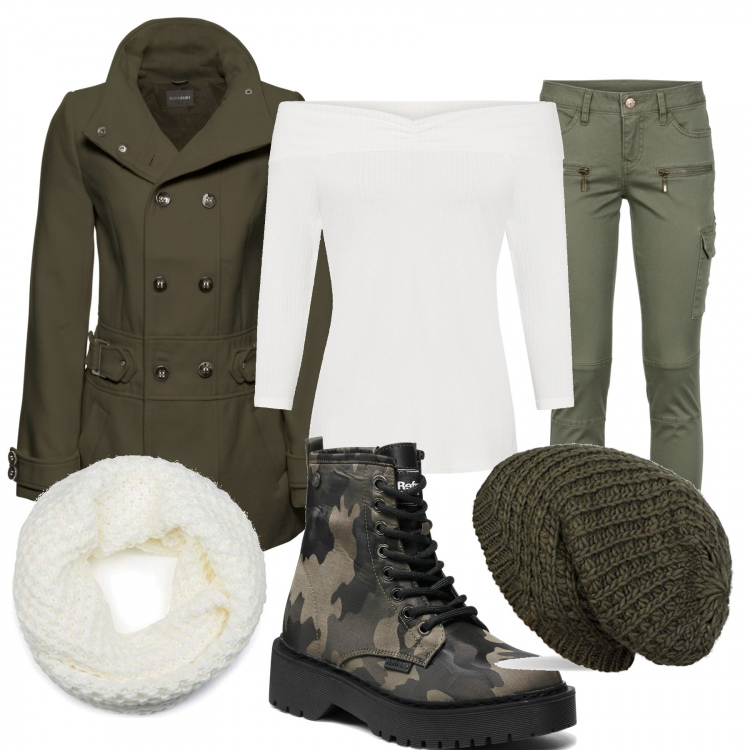Outfit donna - Curvy militare. Stile Military per Scuola/Università. Abbinamento con pantaloni cargo, cappotti, maglieria, stivaletti, berretti, sciarpe.