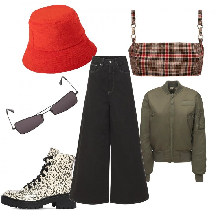 Outfit donna - Un look Londinese. Stile Urban per Tutti i giorni. Abbinamento con jeans, bomber, top, cappelli, stivali, occhiali da sole.