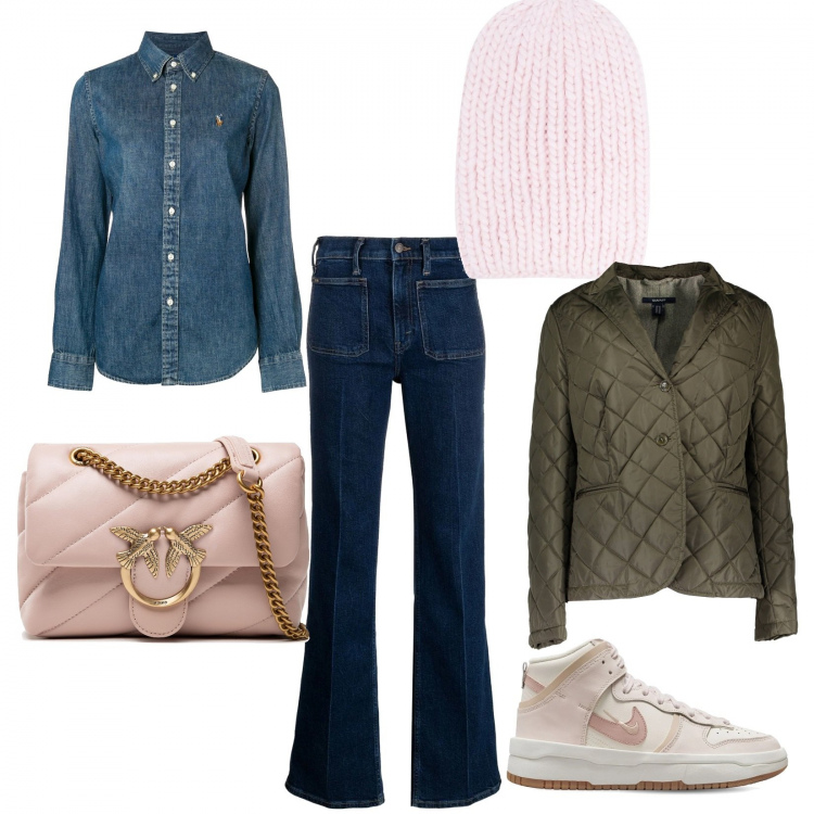 Outfit donna - Denim and pink. Stile Casual chic per Tutti i giorni. Abbinamento con camicie, berretti, pantaloni, borse a mano, giacche, sneakers.