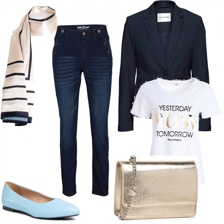 Outfit donna - Basic con un tocco chic. Stile Casual chic per Tutti i giorni. Abbinamento con blazer, jeans skinny, t-shirt, foulard, ballerine, borse a mano.