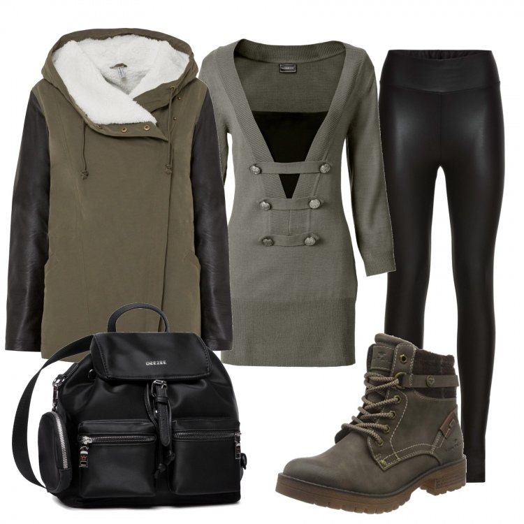 Outfit donna - University curvy. Stile Casual per Scuola/Università. Abbinamento con treggings, pullovers, parka, zaini, stivali.