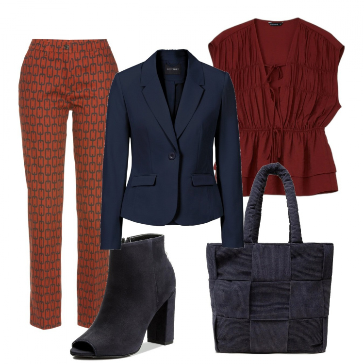 Outfit donna - Trendy blu e ruggine. Stile Trendy per Ufficio. Abbinamento con blazer, pantaloni, camicie a manica corta, borse a mano, stivaletti.