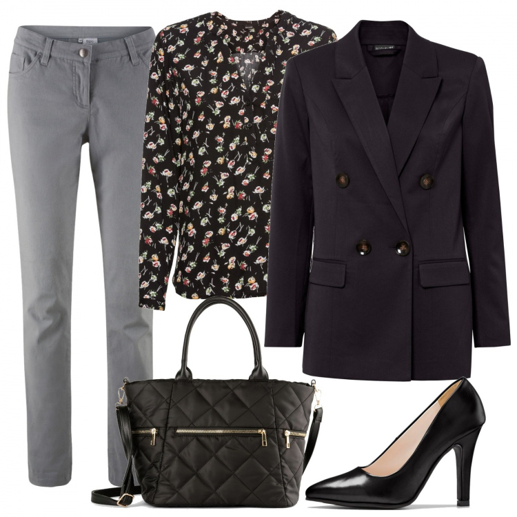 Outfit donna - Jeans, tacchi e doppiopetto. Stile Trendy per Ufficio. Abbinamento con bluse, blazer, pantaloni, décolleté, borse a mano.