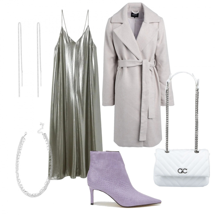 Outfit donna - Un abito argento per brillare. Stile Glamour per Serata fuori. Abbinamento con collane, stivaletti, cappotti, borse a spalla, vestiti lunghi, orecchini.