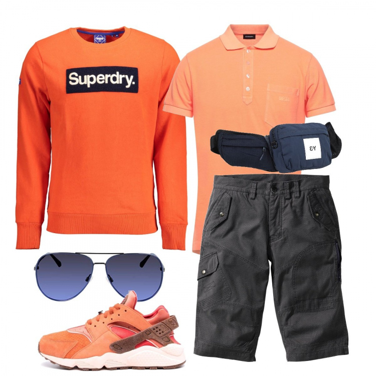 Outfit uomo - Una giornata fuori porta. Stile Casual per Sport. Abbinamento con bermuda, polo, borse sportive, sneakers, occhiali da sole, felpe.